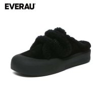 EVERAU 布丁奶泡魔术贴羊羔毛半拖  黑色