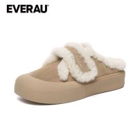 EVERAU 布丁奶泡魔术贴羊羔毛半拖  沙色