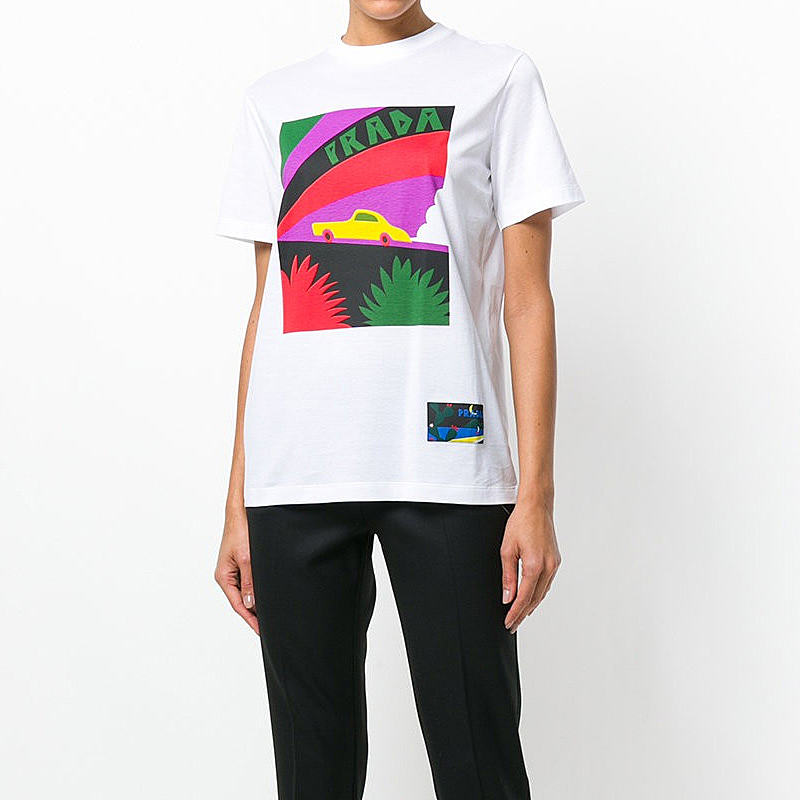 女款prada普拉达女士白底印花棉质短袖t恤1356641qf9f0970