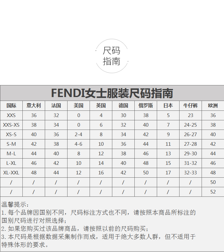 Fendi women's discount clothing size chart